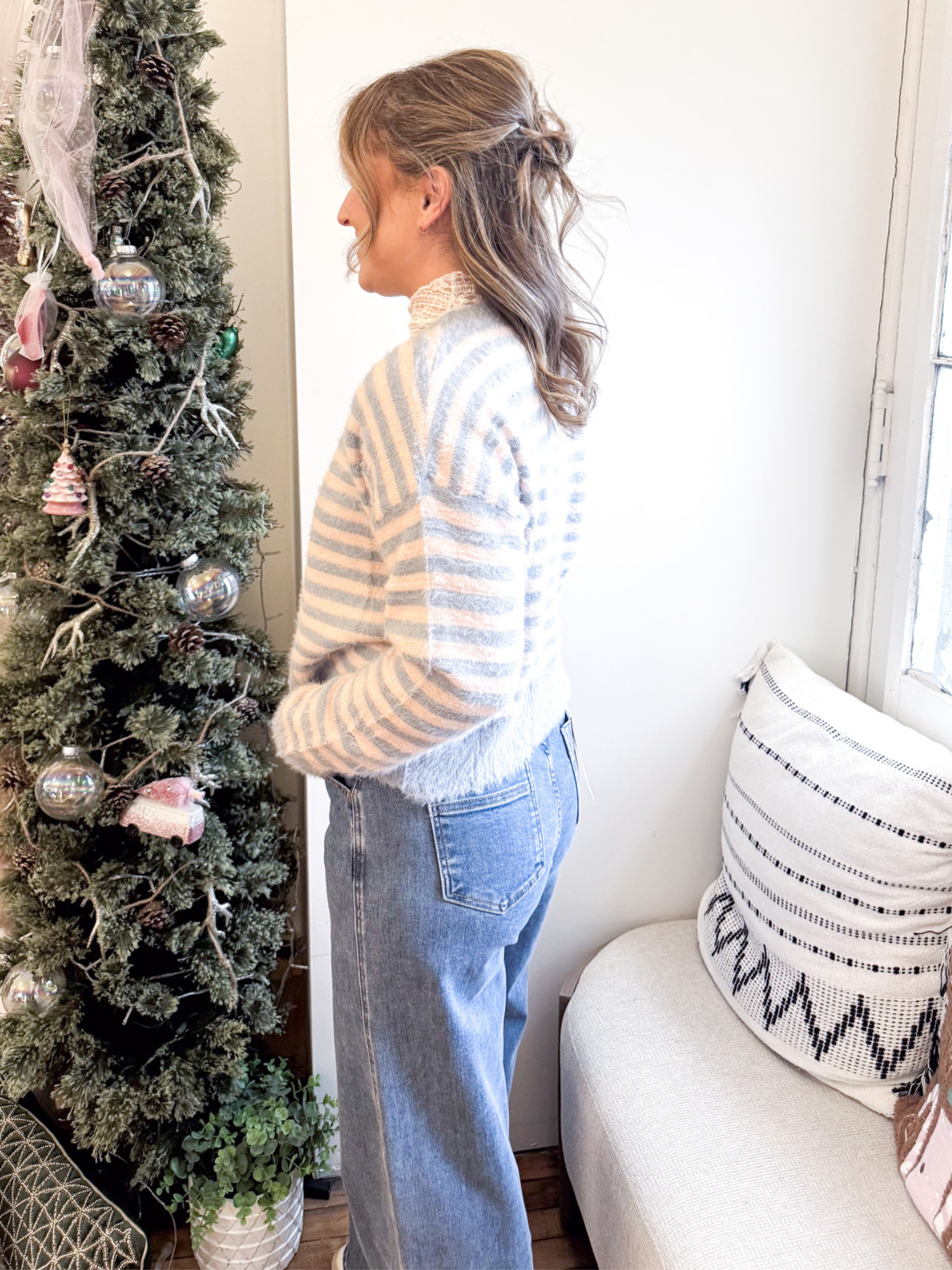 Emilee Striped Fuzzy Cardigan - Blue