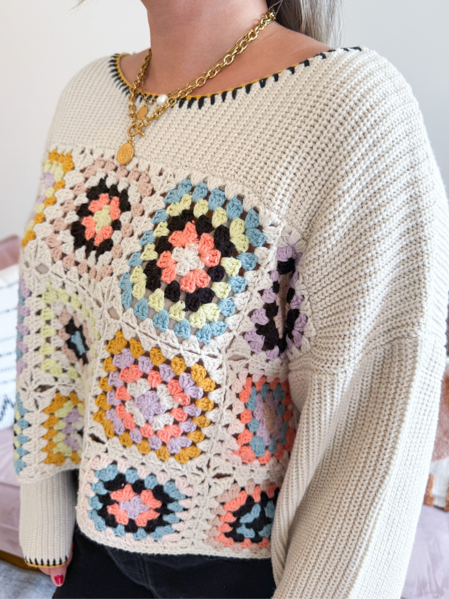 Maia Retro Patchwork Crochet Sweater - The Collective Rose