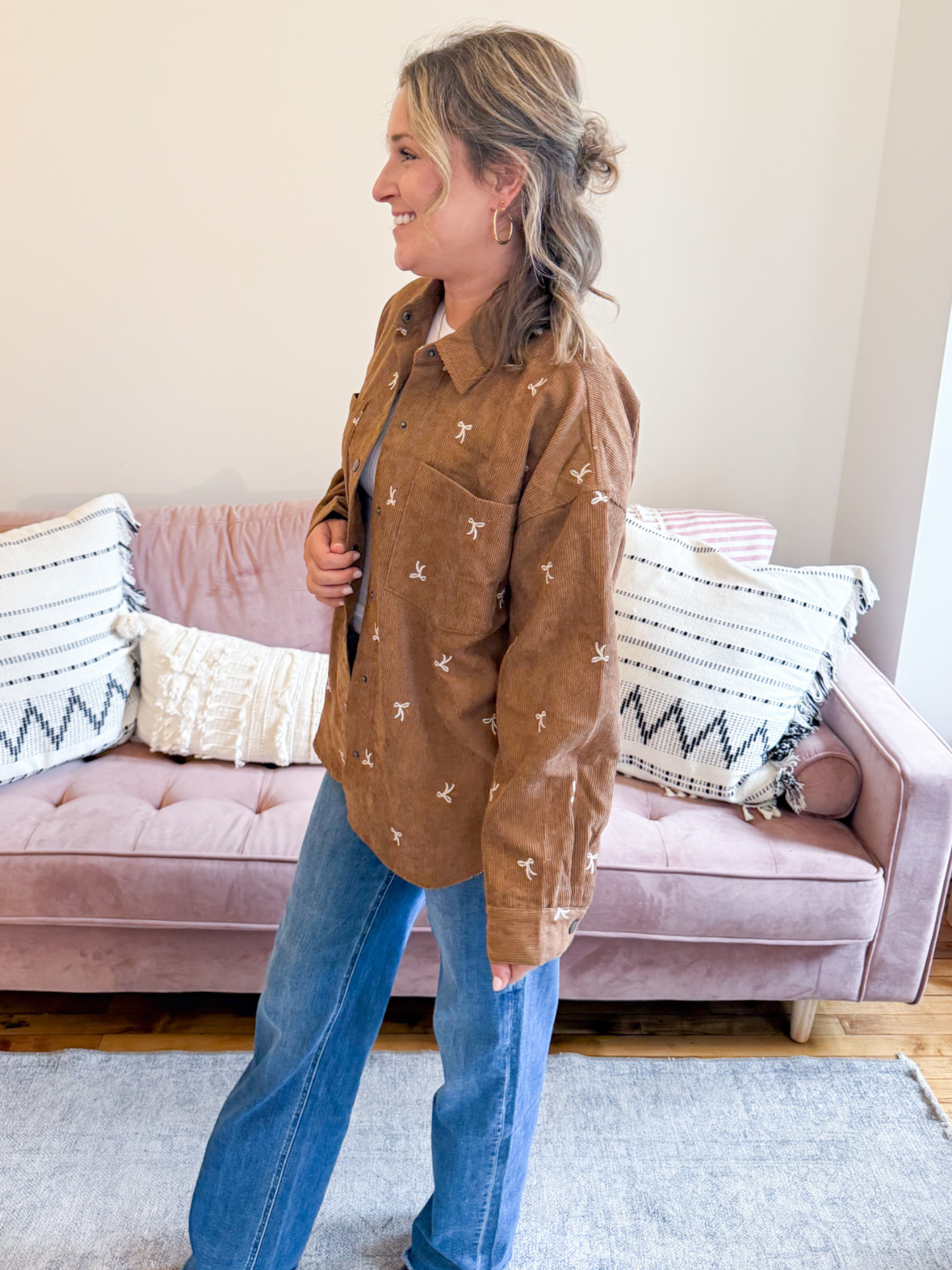 Nina Bow Embroidered Corduroy Shacket - The Collective Rose