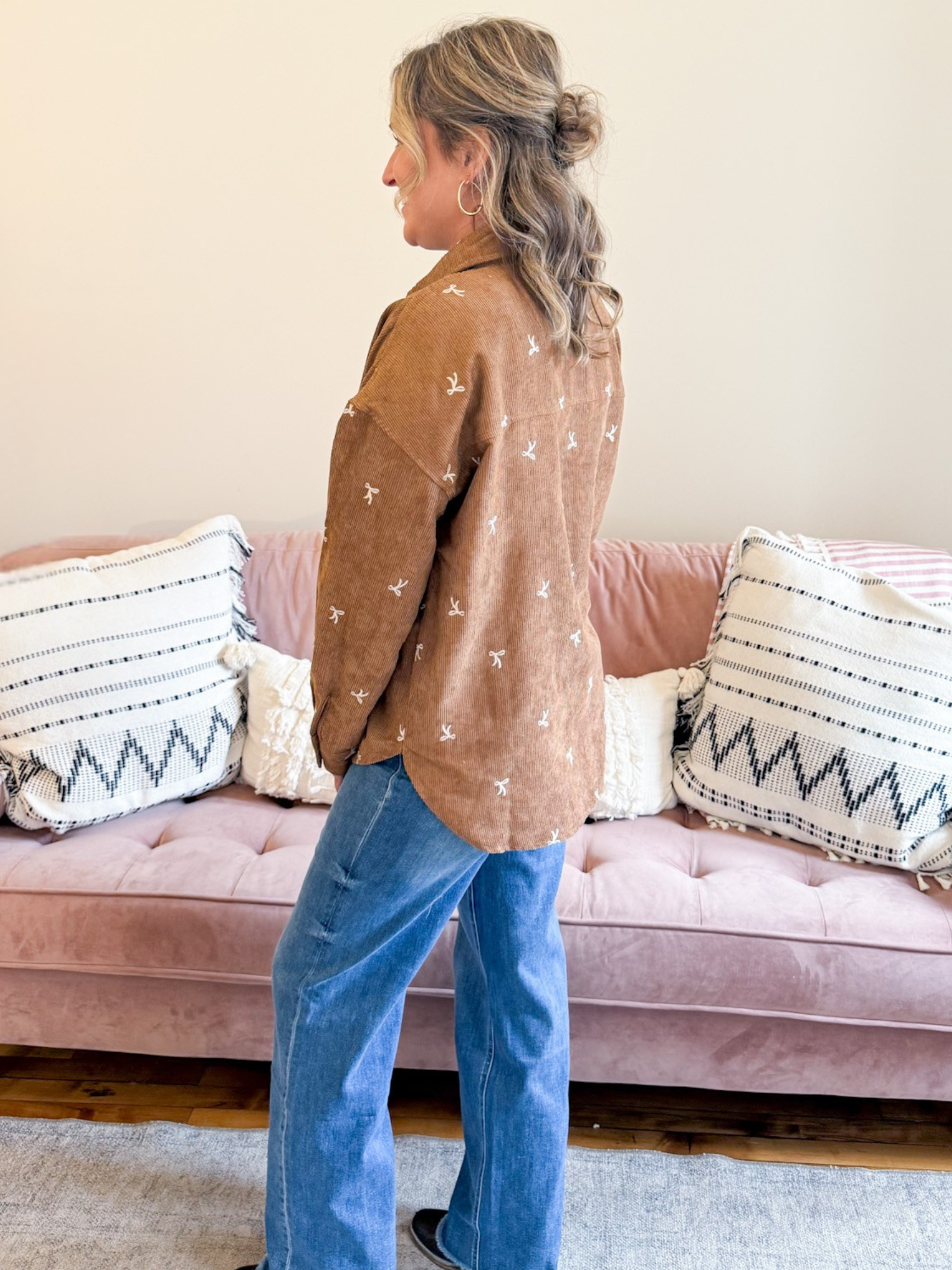 Nina Bow Embroidered Corduroy Shacket - The Collective Rose