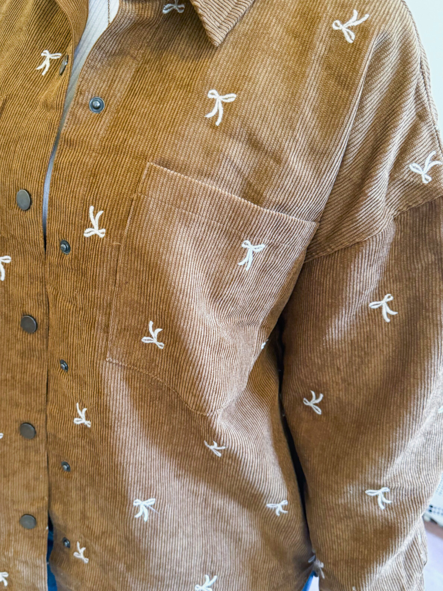 Nina Bow Embroidered Corduroy Shacket - The Collective Rose