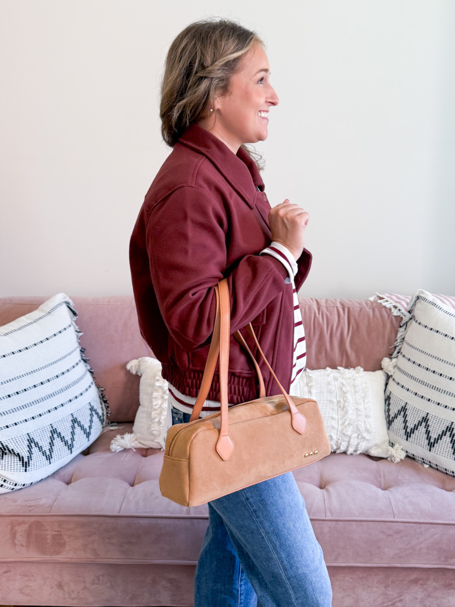 Sally Suede Barrel Shoulder Bag - Camel - The Collective Rose