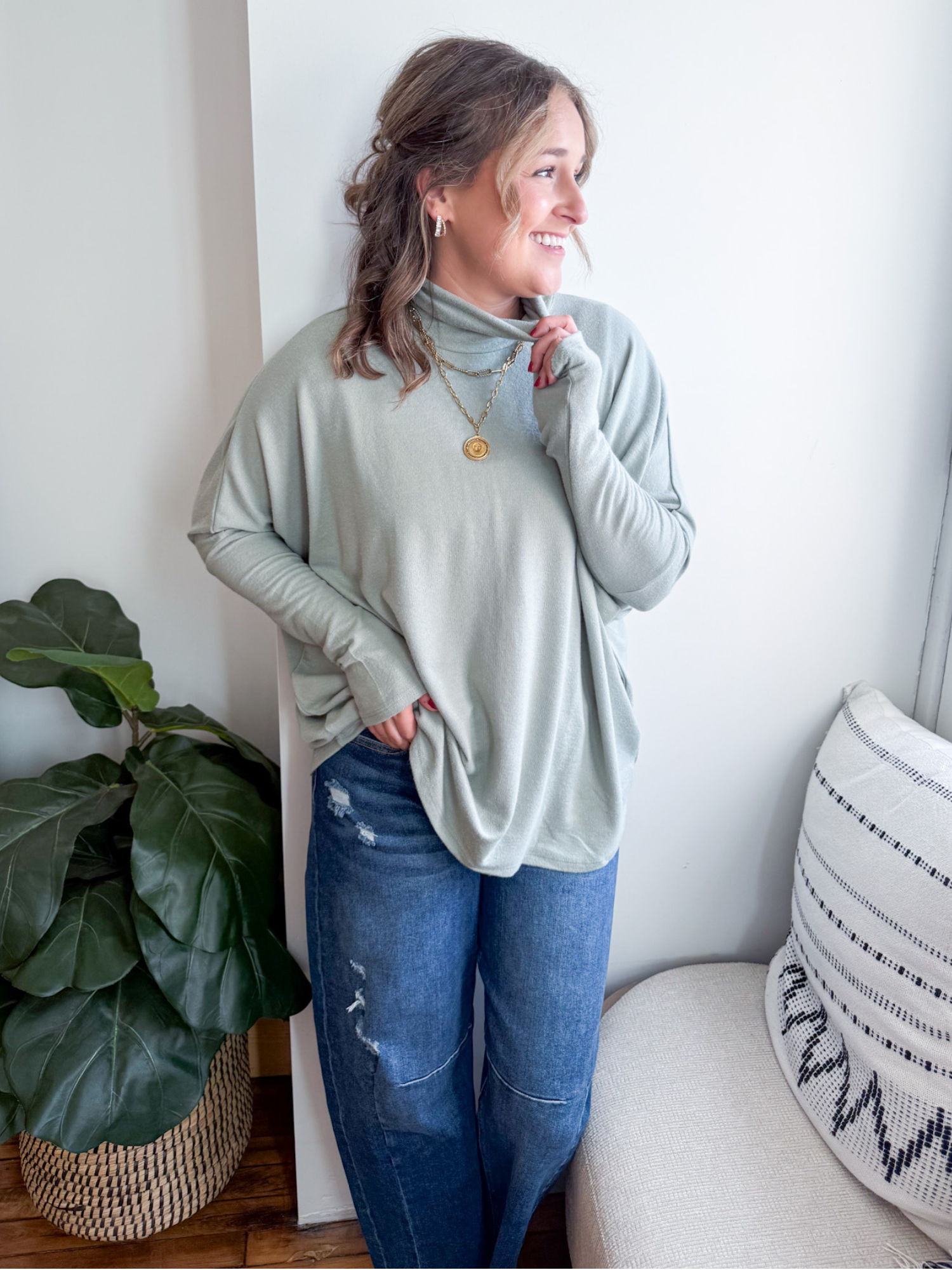 Drew Oversized Turtleneck Sweater - Sage - The Collective Rose