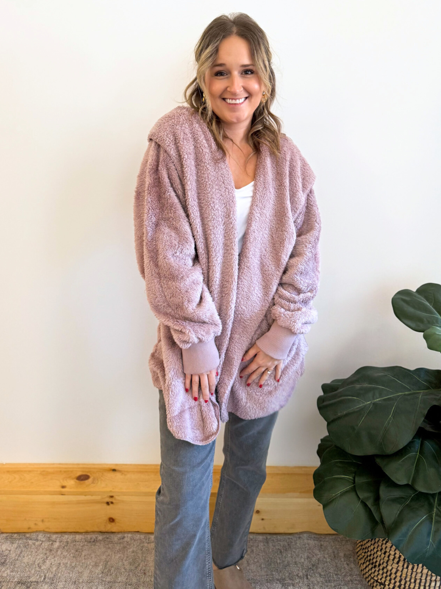 Teddy Bear Plush Cardigan - Mauve