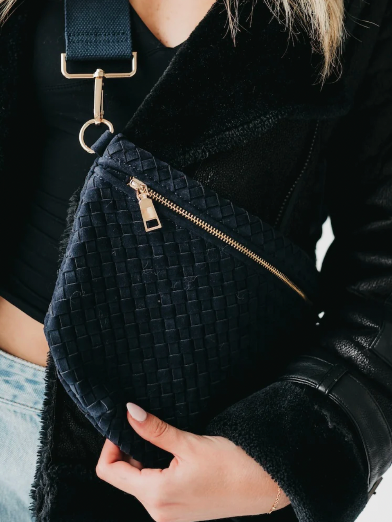 Westlyn Woven Bum Bag - Navy Suede - The Collective Rose